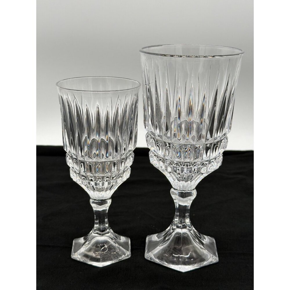 Vintage Crystal Goblet Pair With Hexagonal Base & Intricate Cut Design 6" & 7" H